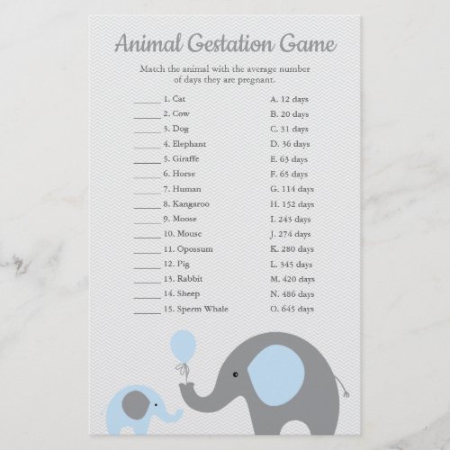 Blue Elephant Animal Gestation Match Shower Game