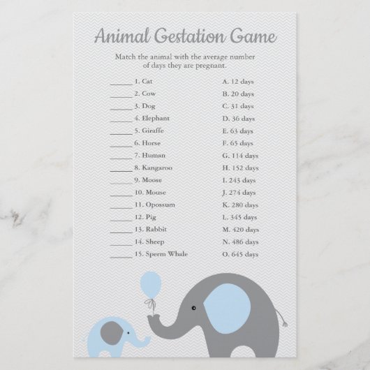 Blue Elephant Animal Gestation Match Shower Game (Front)