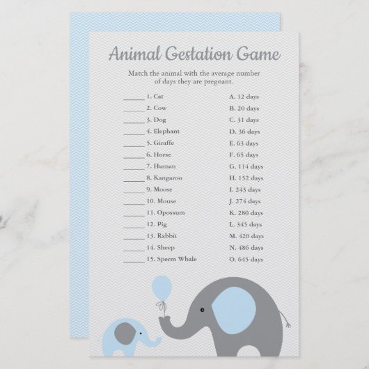 Blue Elephant Animal Gestation Match Shower Game (Front/Back)