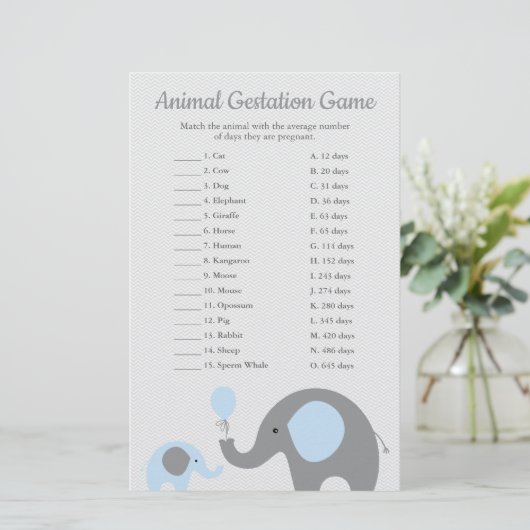 Blue Elephant Animal Gestation Match Shower Game (Standing Front)