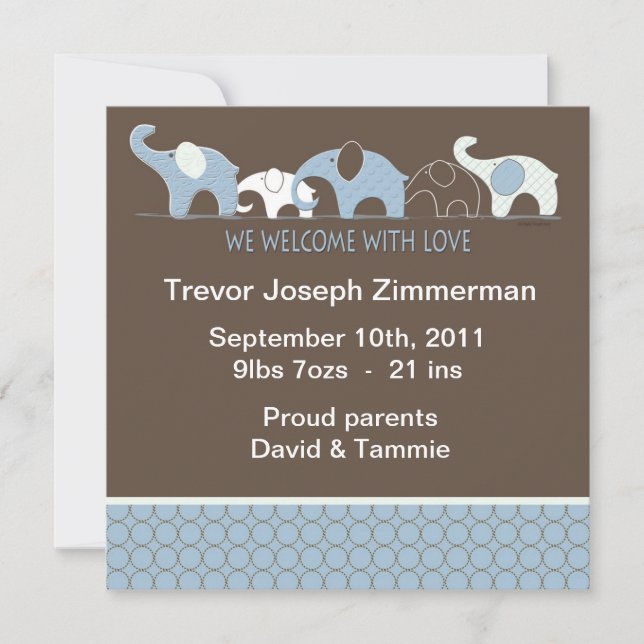 Blue Elephant Baby Annoucement without Photo Announcement (Front)
