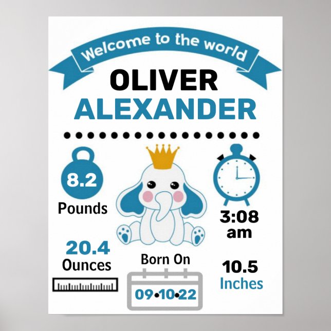 Blue Elephant Baby Birth Statistics Poster (Front)