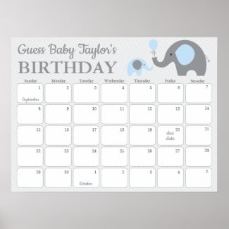 Blue Elephant Baby Birthday Prediction Calendar Poster
