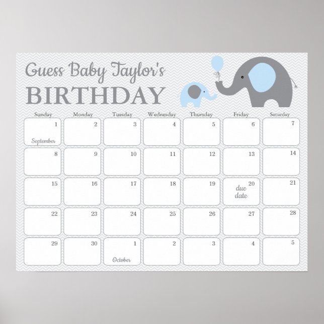 Blue Elephant Baby Birthday Prediction Calendar Poster (Front)