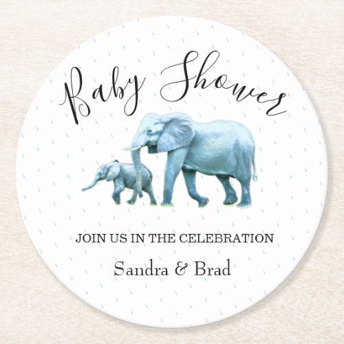 Blue elephant baby Boy baby shower Round Paper Coaster