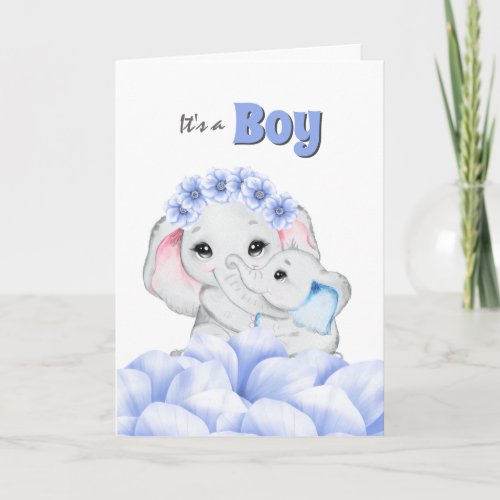 Blue elephant baby boy birth announcement