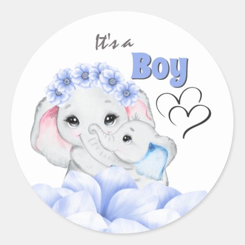 Blue elephant baby boy birth announcement classic round sticker