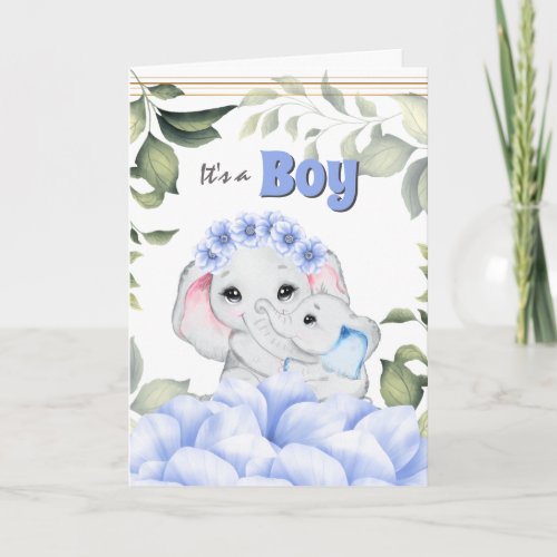Blue elephant baby boy birth congratulations card