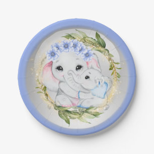 Blue elephant baby boy birth eucalyptus frame  paper plates