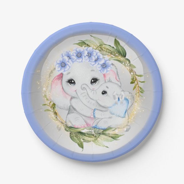 Blue elephant baby boy birth eucalyptus frame  paper plates (Front)