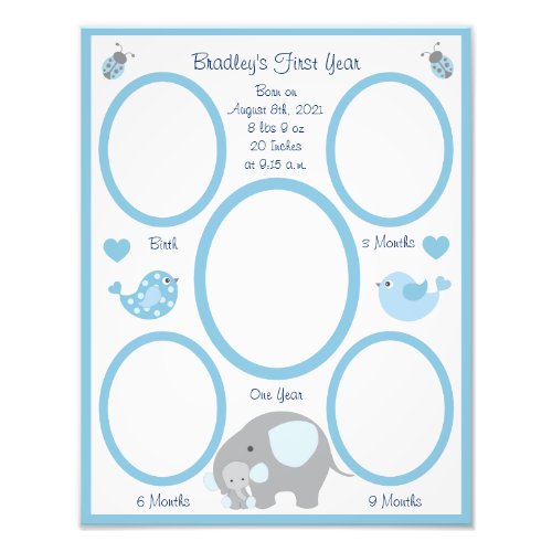 Blue Elephant Baby Boy Birth Stats First Year  Photo Print