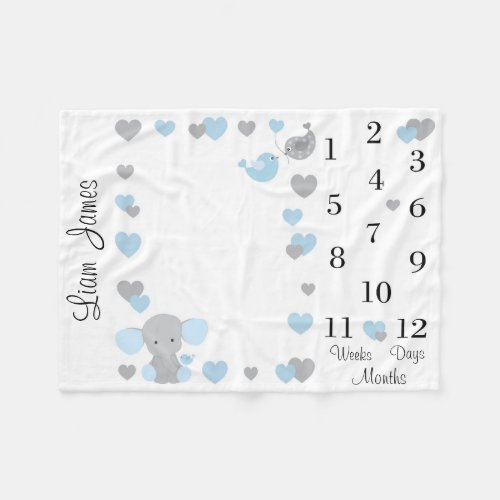 Blue Elephant Baby Boy Milestone Monthly Month Fleece Blanket