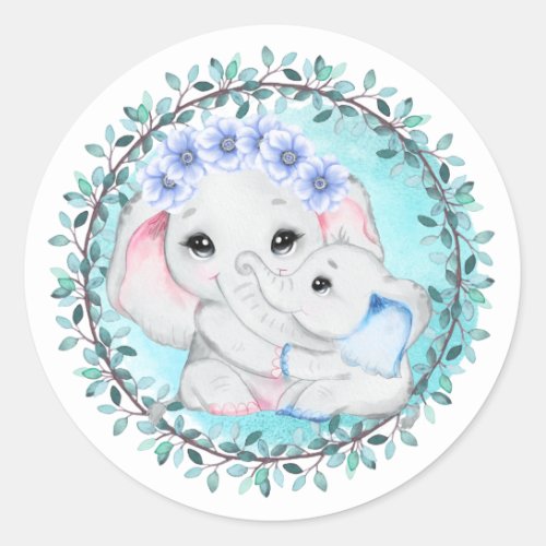 Blue elephant baby boy mom leaf wreath birth classic round sticker