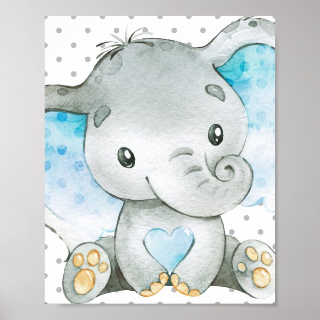 Blue Elephant Baby Boy Nursery Wall Art Gift (Front)