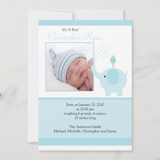 Blue Elephant Baby Boy Photo Announcement Card (Front)