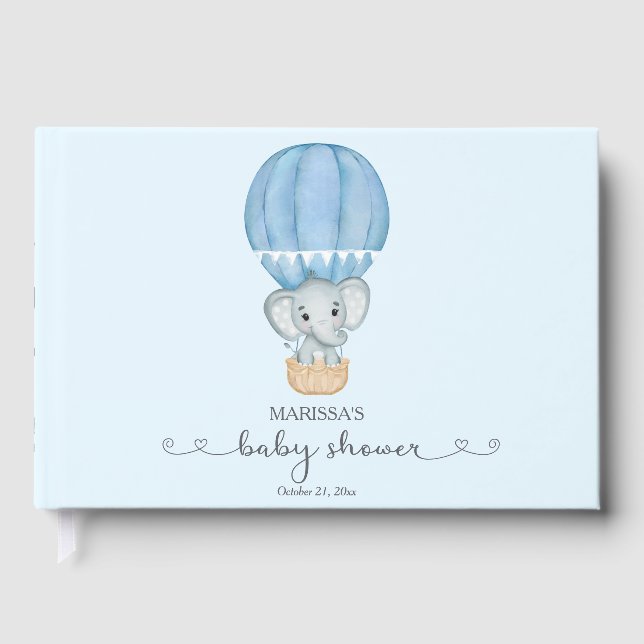 Blue Elephant Baby Boy Shower Guest Book (Front)