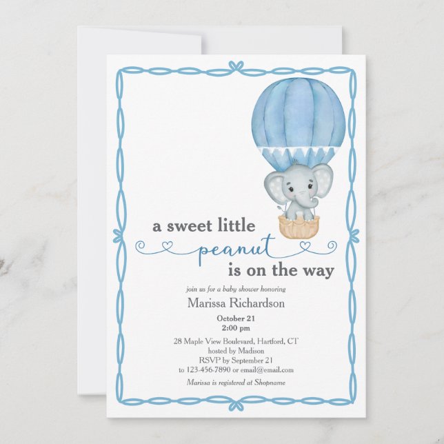 Blue Elephant Baby Boy Shower Invitation (Front)