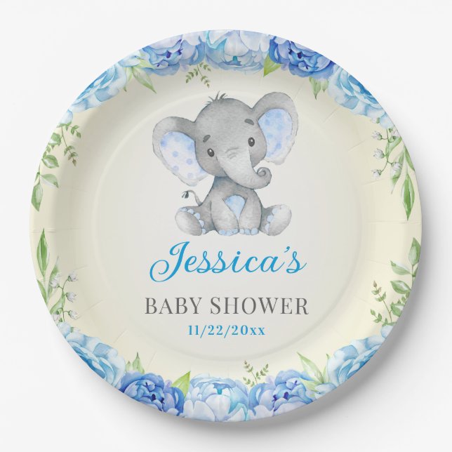 Blue Elephant Baby Boy Shower Little Peanut Party Paper Plates (Front)