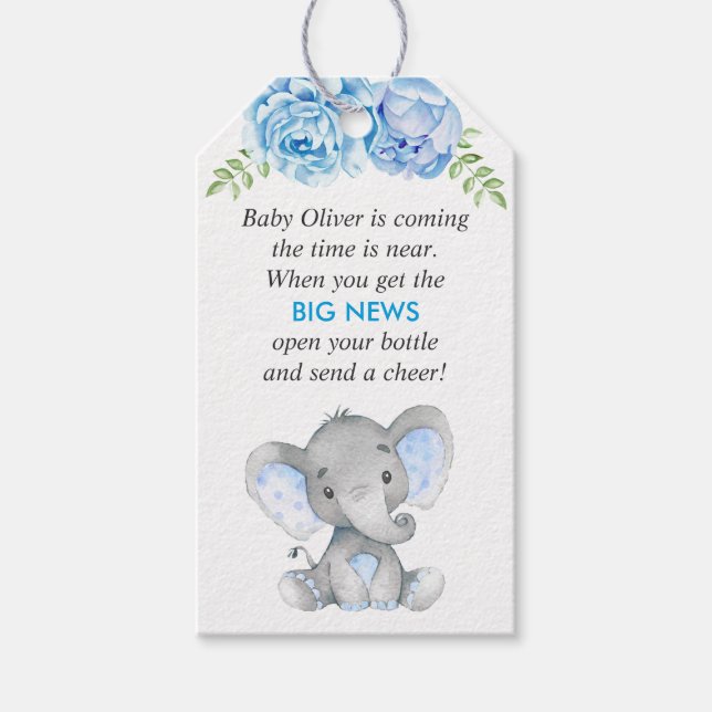 Blue Elephant Baby Boy Shower Mini Bottle Favor Gift Tags (Front)