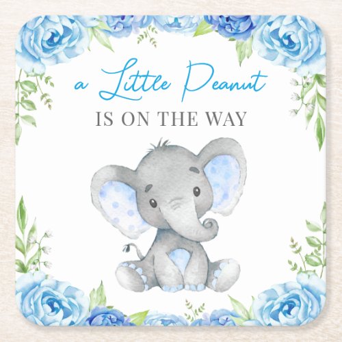 Blue Elephant Baby Boy Shower Sprinkle Birthday Square Paper Coaster