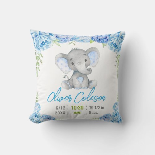 Blue Elephant Baby Boy Stats Little Peanut Nursery Throw Pillow