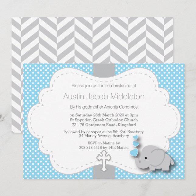 Blue - Elephant 🐘 Baby Photo - Christening Invitation (Front/Back)