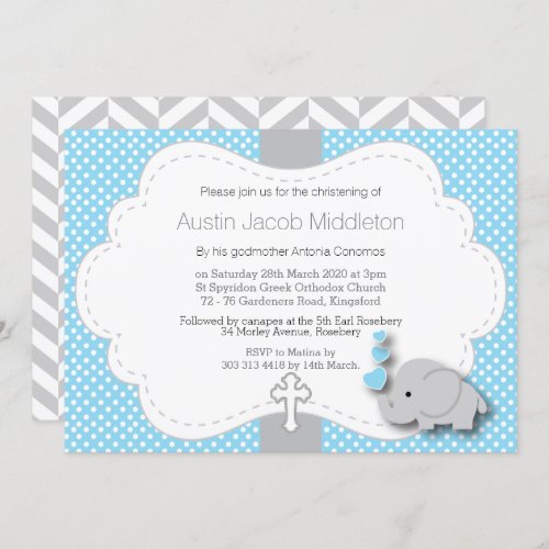 Blue _ Elephant  Baby Photo _ Christening Invitation