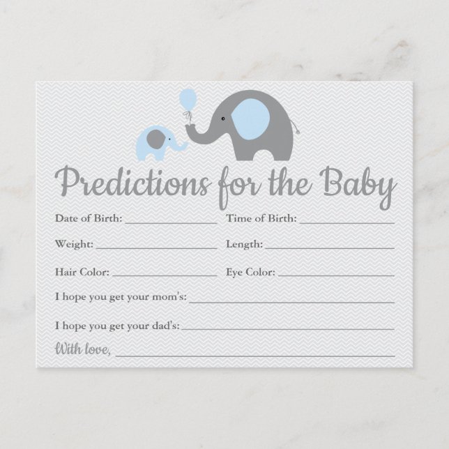 Blue Elephant Baby Predictions Cards Baby Shower (Front)