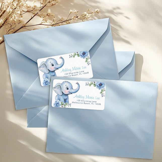 Blue Elephant Baby Shower Address Label – Elegant  (address label)