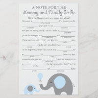 Blue Elephant Baby Shower Advice Game Cards