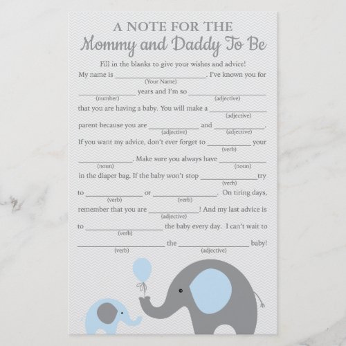 Blue Elephant Baby Shower Advice Game Cards