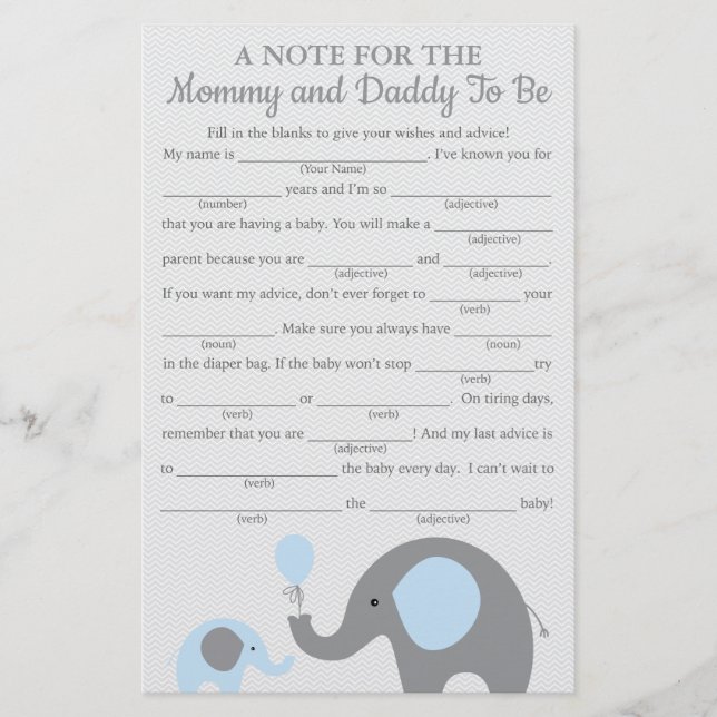 Blue Elephant Baby Shower Advice Game Cards (Front)
