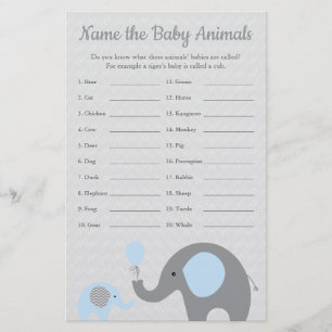 Blue Elephant Baby Shower Baby Animal Name Game Flyer