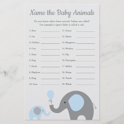 Blue Elephant Baby Shower Baby Animal Name Game Flyer