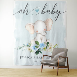 Blue Elephant Baby Shower Banner Photo Backdrop