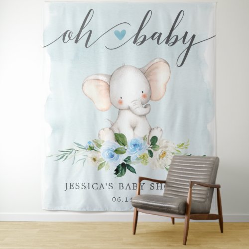 Blue Elephant Baby Shower Banner Photo Backdrop