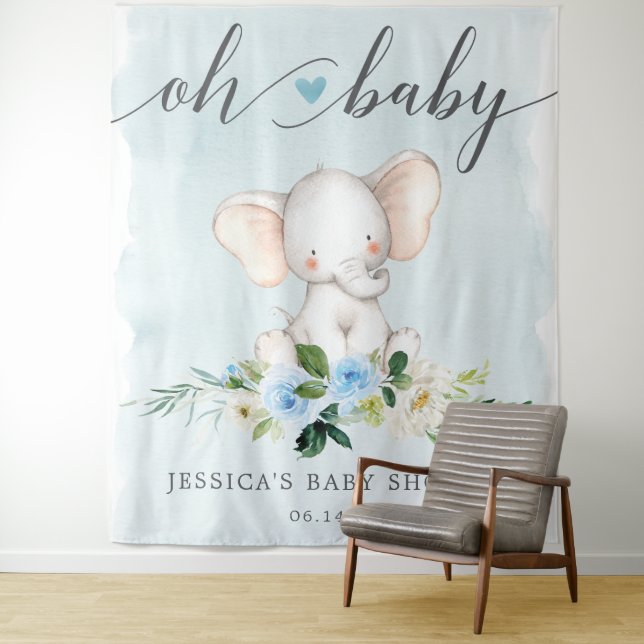 Blue Elephant Baby Shower Banner Photo Backdrop (In Situ)