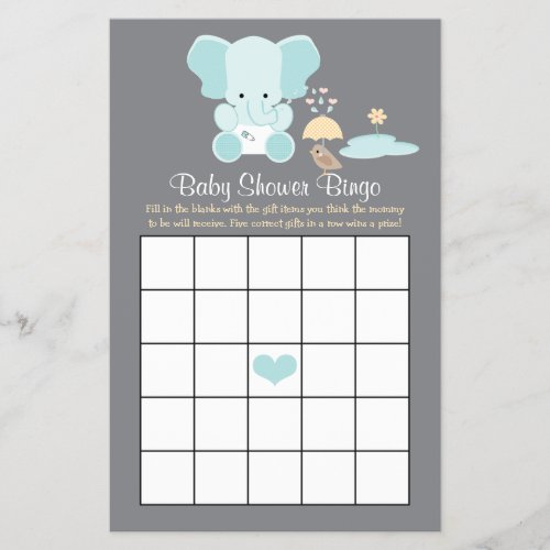 Blue Elephant Baby Shower Bingo