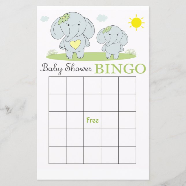Blue elephant baby shower bingo card (Front)
