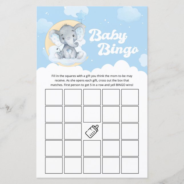Blue Elephant Baby Shower Bingo Game (Front)