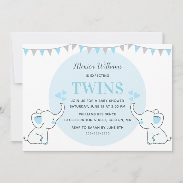 Blue Elephant Baby Shower | Boy Twins Baby Shower Invitation (Front)