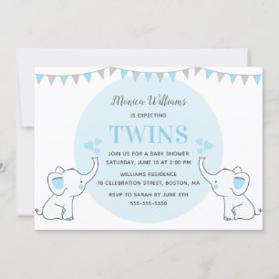 Blue Elephant Baby Shower   Boy Twins Baby Shower Invitation