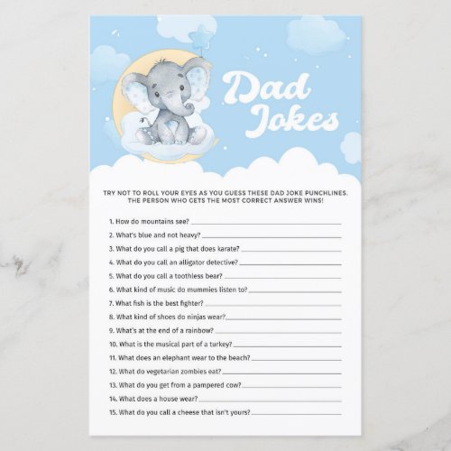 Blue Elephant Baby Shower Dad Jokes Game