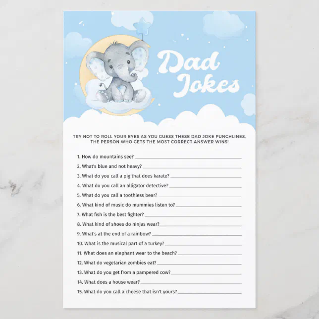 Blue Elephant Baby Shower Dad Jokes Game Zazzle
