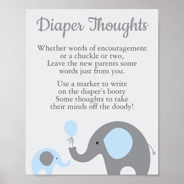 Blue Elephant Baby Shower Diaper Thoughts Sign (Front)