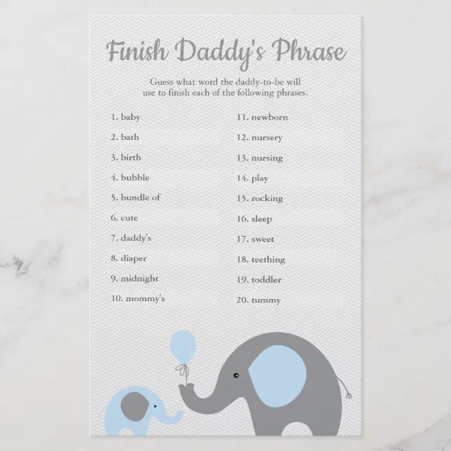 Blue Elephant Baby Shower Finish Daddy's Phrase Flyer | Zazzle