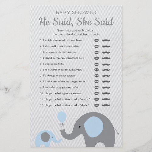 Blue Elephant Baby Shower He Said She Said Game Flyer