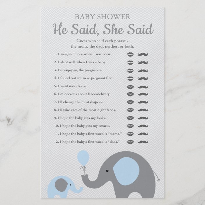 Blue Elephant Baby Shower He Said She Said Game Flyer | Zazzle