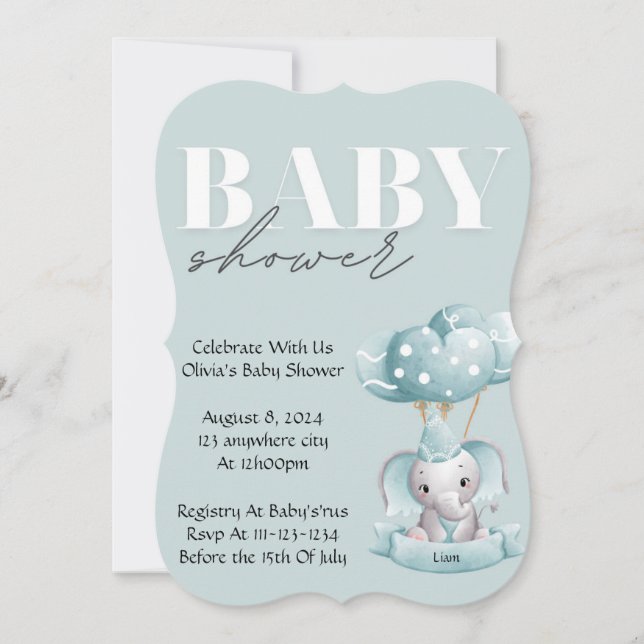 Blue elephant baby shower invitation  (Front)