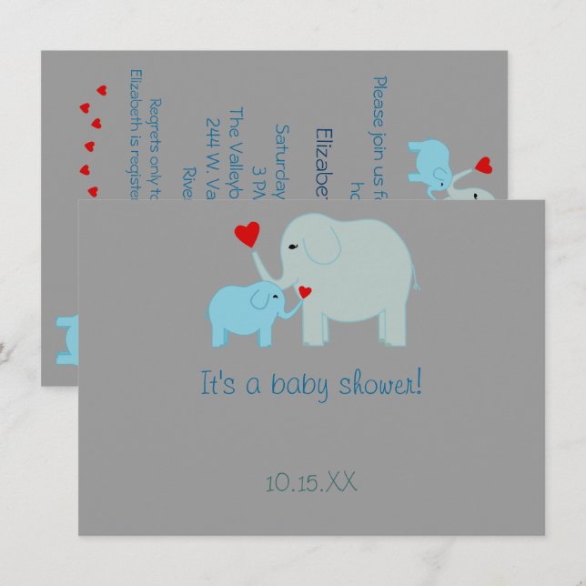 Blue Elephant Baby Shower Invitation (Front/Back)